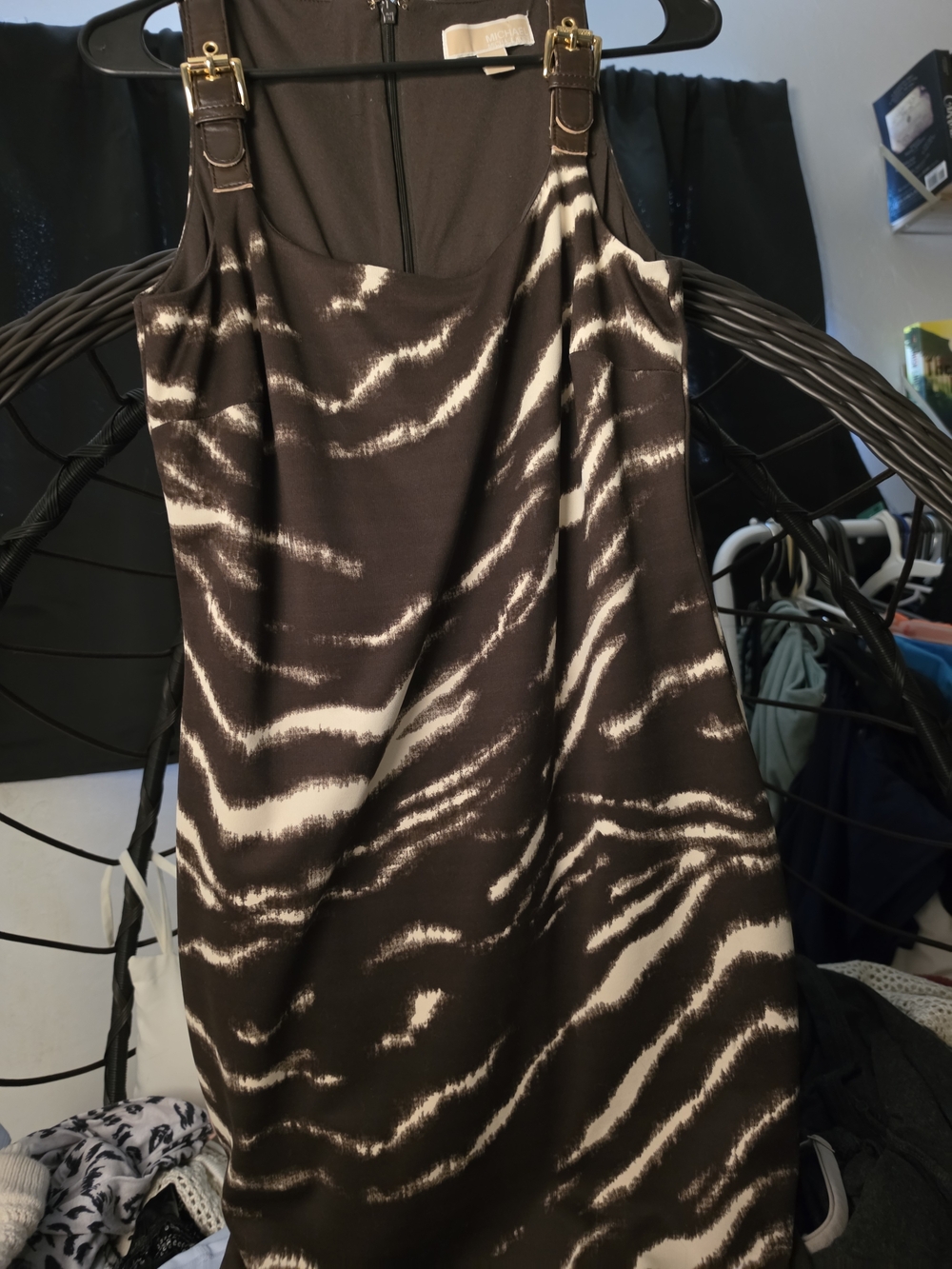 MICHAEL Michael Kors Brown and Cream Zebra-Print Midi Dress with Gold Buckles